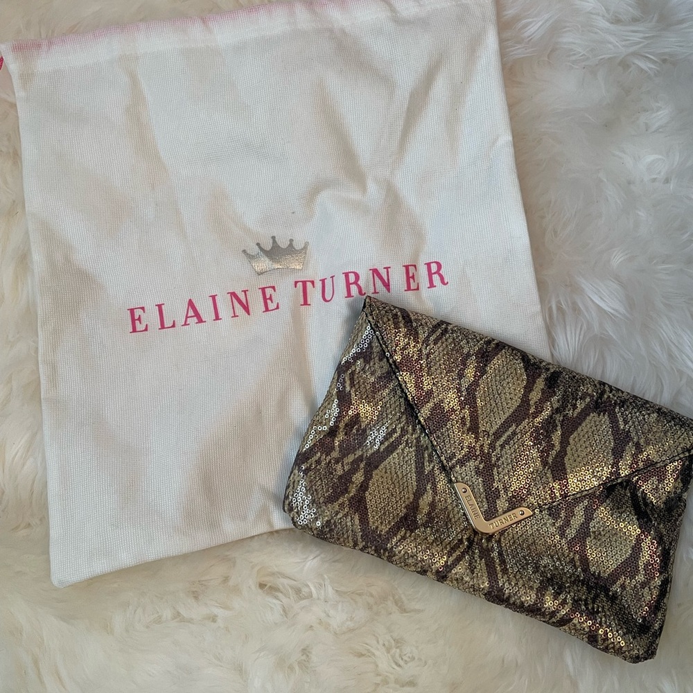 BNWT Elaine Turner, Bella, Envelope Style, Black/Gold Clutch